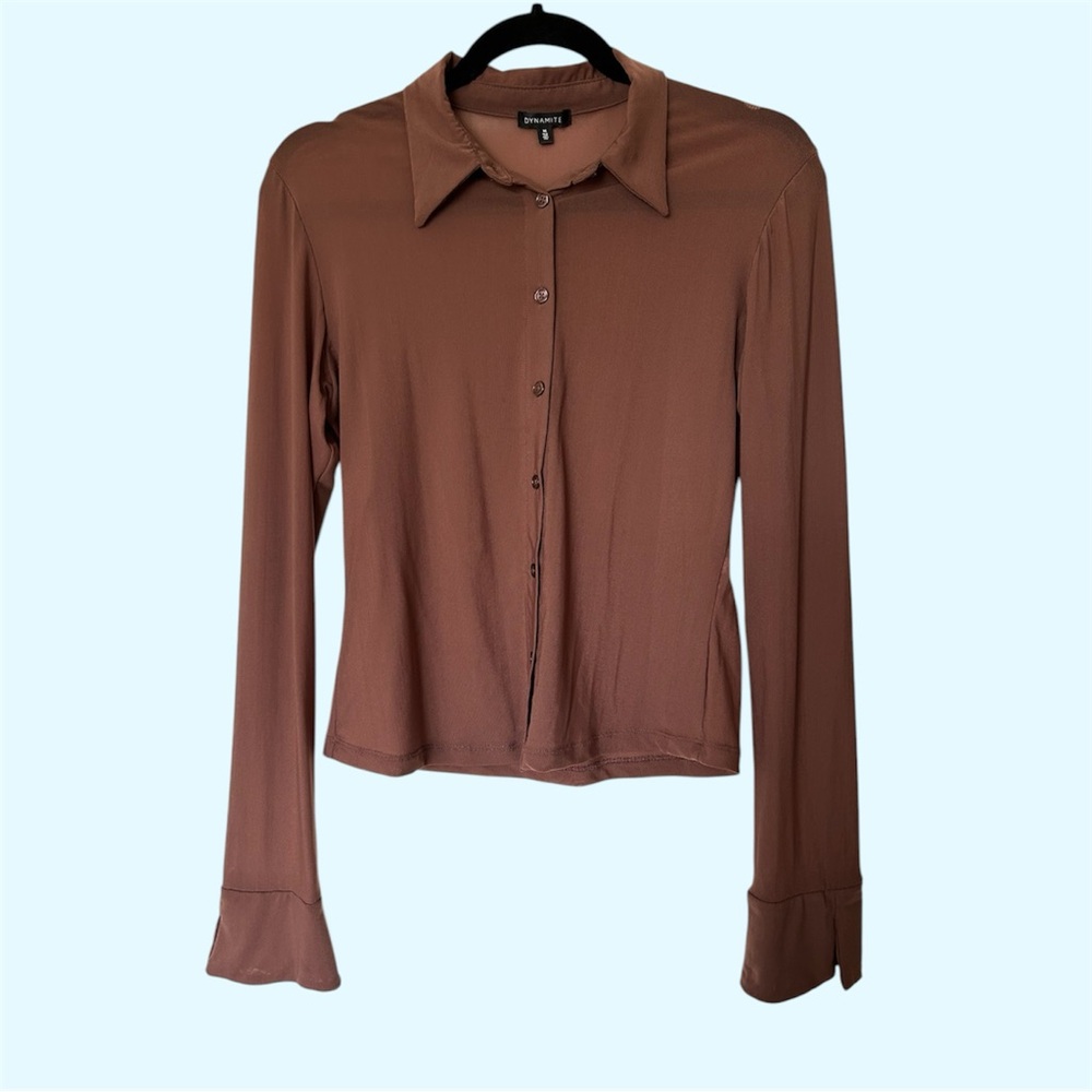 Dynamite Sheer Mesh Brown Button-Up Top in size Medium